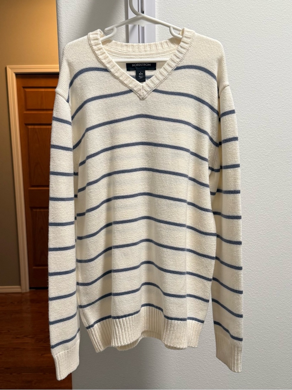 Nordstrom Kids L 10/12 Stripe Cotton Blend V-Neck Sweater Cream Blue